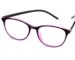 Close-up of fashionable pink and black eyeglasses on a white surface, showcasing modern eyewear design.
